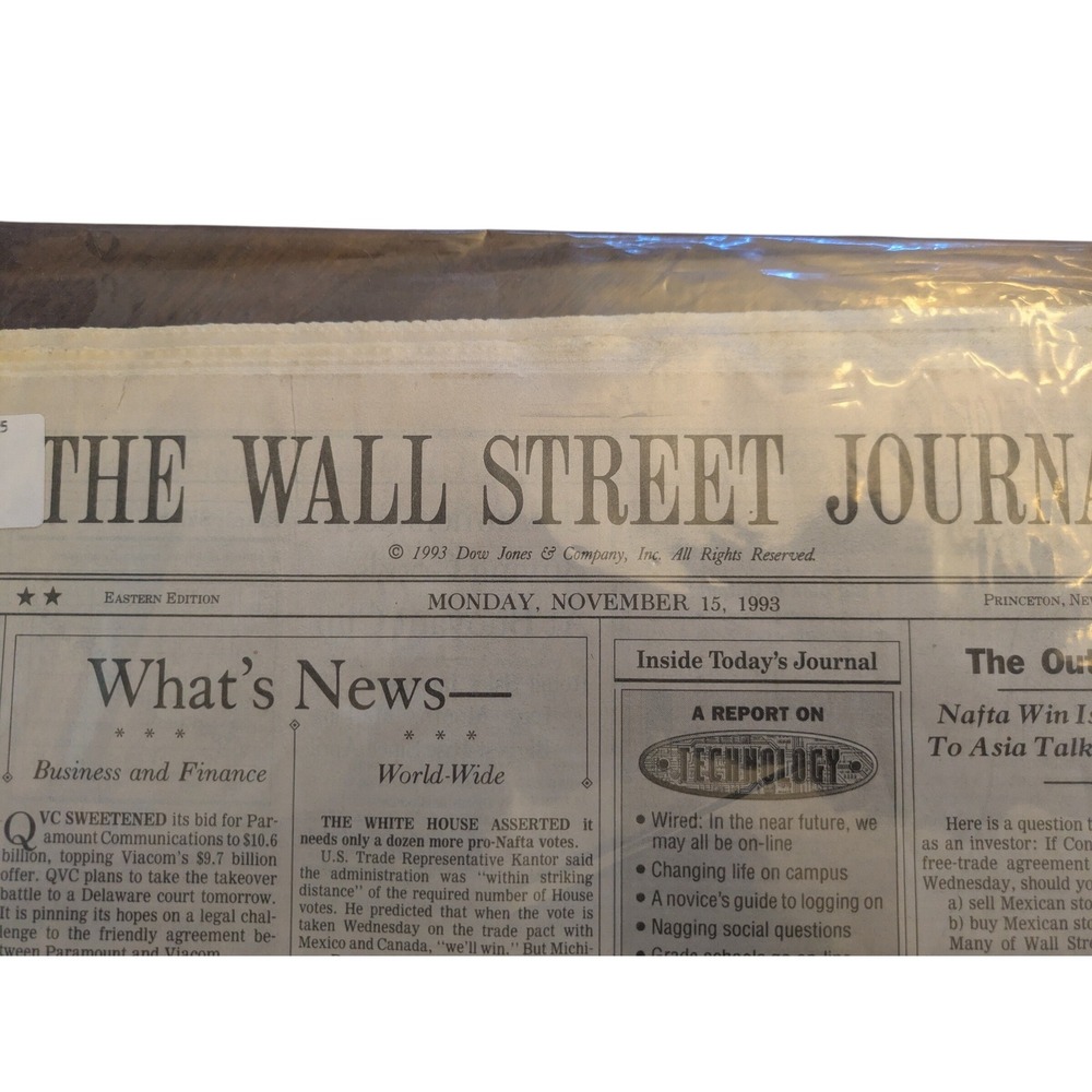 The Wall Street Journal Nov 15 1993 Original Newspaper COA NAFTA History - Picture 2 of 6